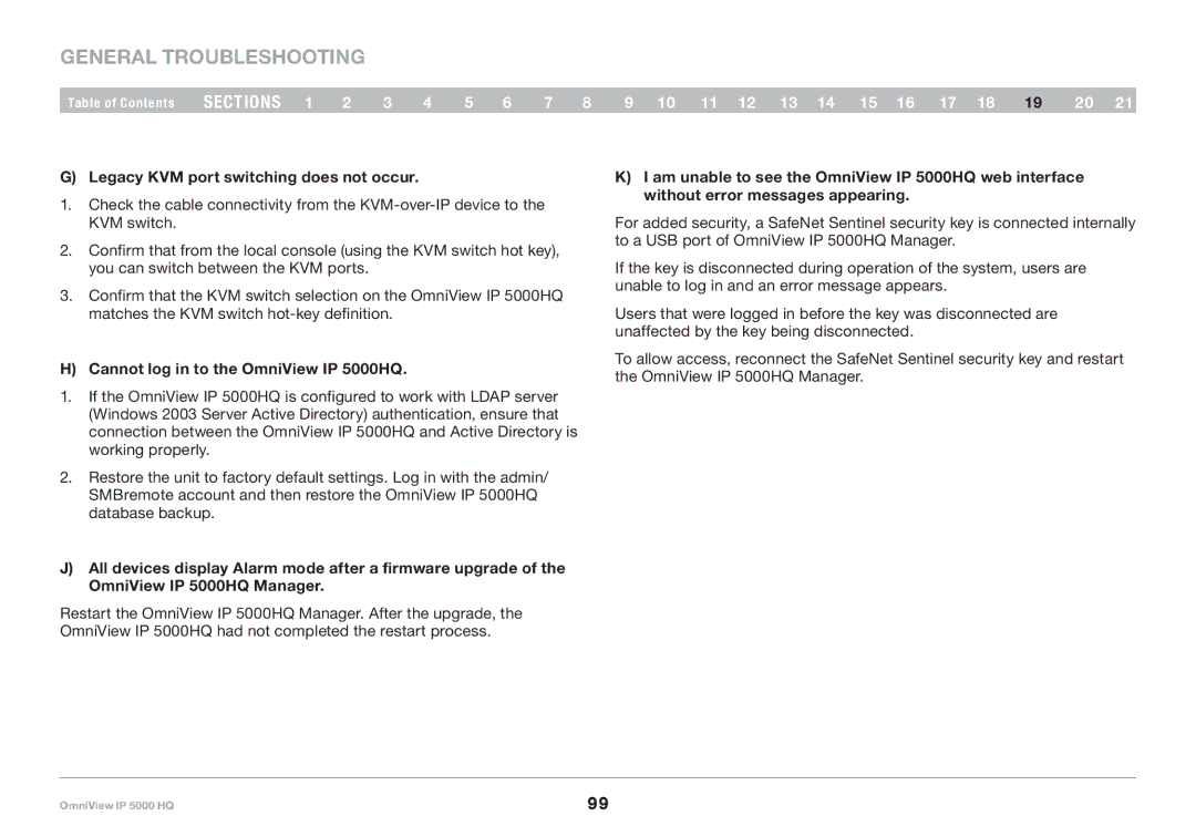 Belkin General Troubleshooting, Legacy KVM port switching does not occur, Cannot log in to the OmniView IP 5000HQ 