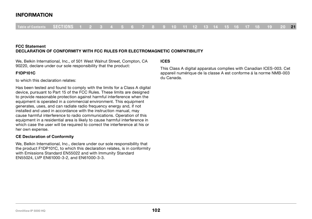 Belkin 5000HQ user manual Information, FCC Statement, F1DP101C, CE Declaration of Conformity 