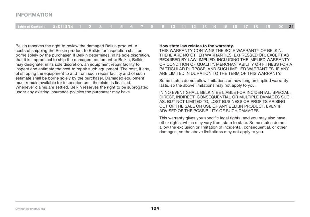 Belkin 5000HQ user manual 104, How state law relates to the warranty 