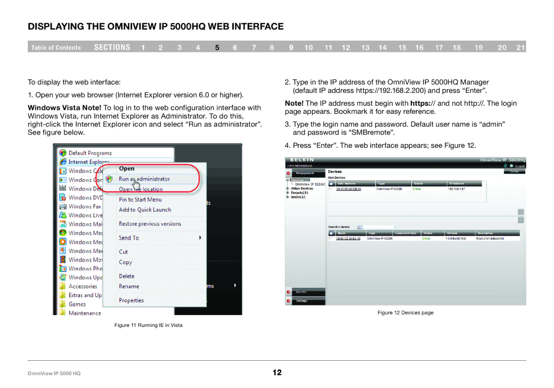 Belkin user manual Displaying the OmniView IP 5000HQ Web Interface, Devices 