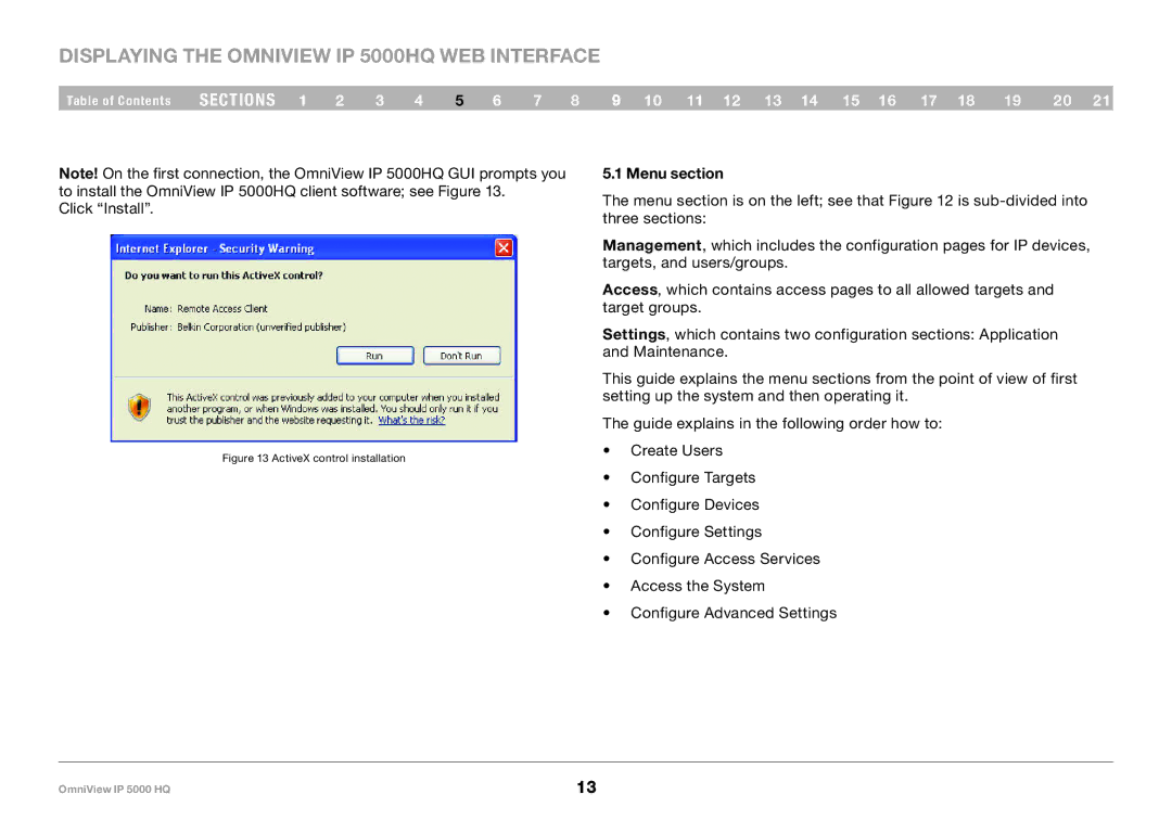 Belkin user manual Displaying the OmniView IP 5000HQ Web Interface, Menu section 