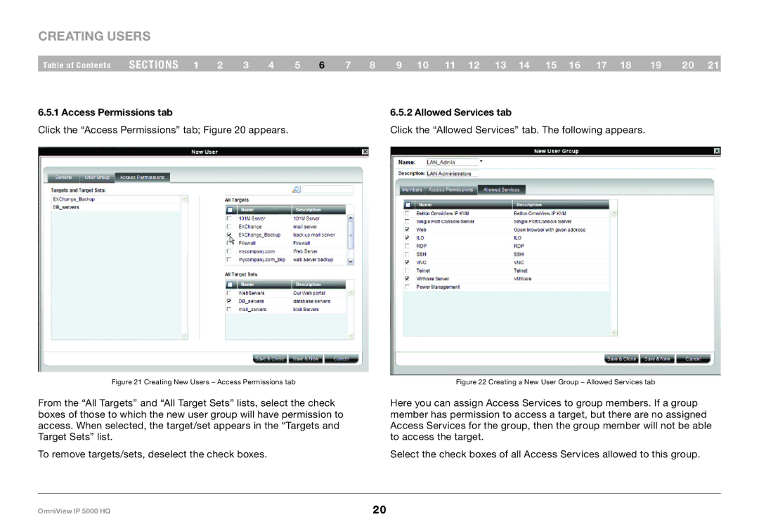 Belkin 5000HQ user manual Allowed Services tab, Creating New Users Access Permissions tab 