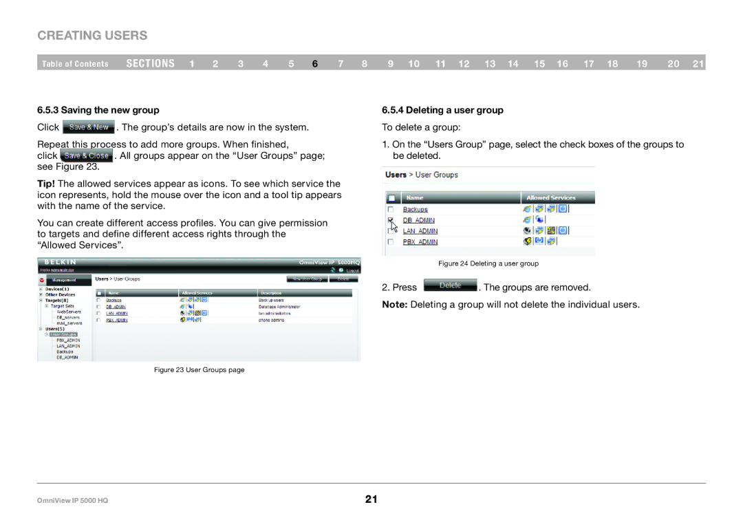 Belkin 5000HQ user manual Saving the new group, Deleting a user group 