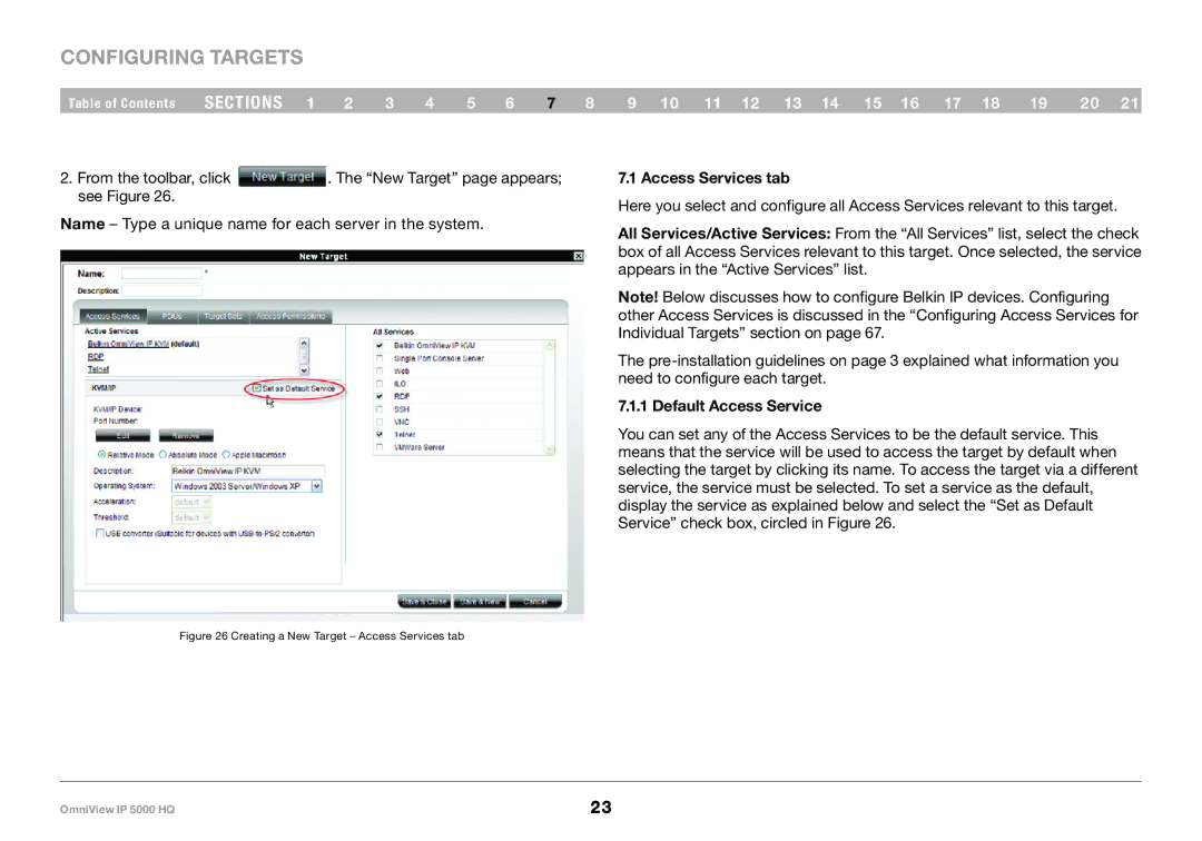 Belkin 5000HQ user manual Configuring Targets, Access Services tab, Default Access Service 