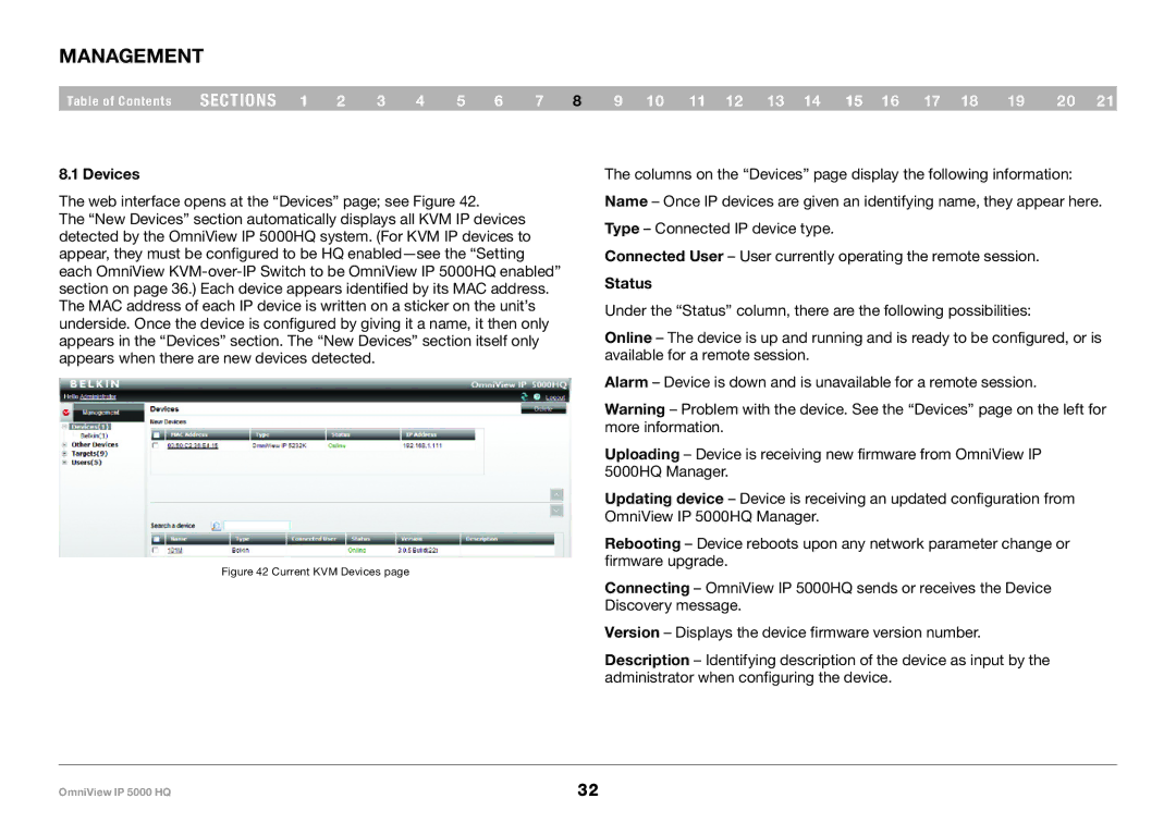 Belkin 5000HQ user manual Management, Devices, Status 