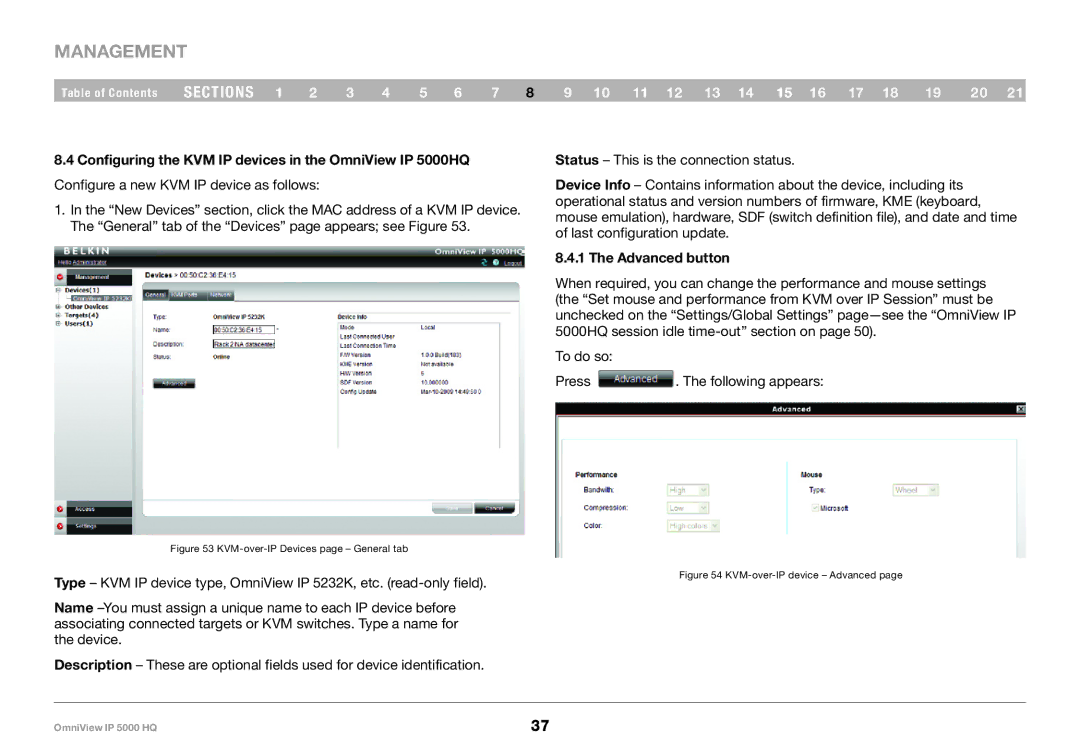 Belkin user manual Configuring the KVM IP devices in the OmniView IP 5000HQ, Advanced button 