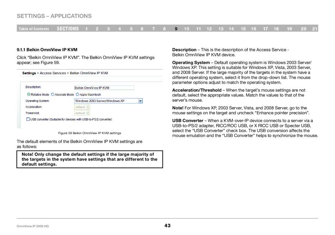 Belkin 5000HQ user manual Settings Applications, Belkin OmniView IP KVM 