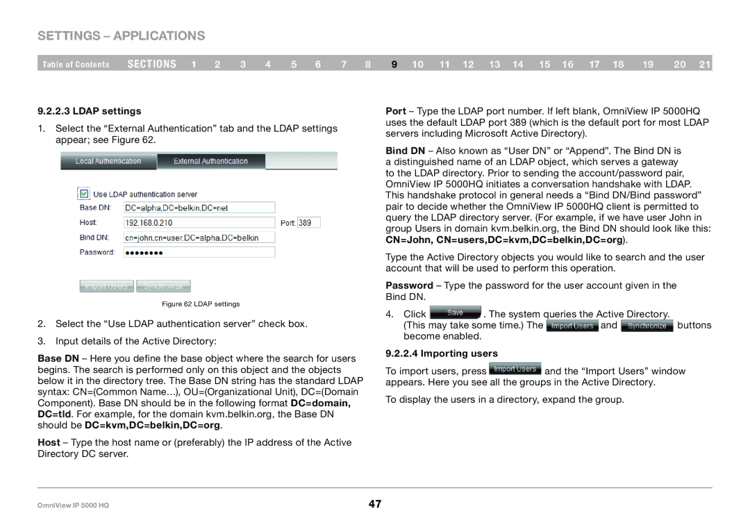 Belkin 5000HQ user manual Ldap settings, Importing users 