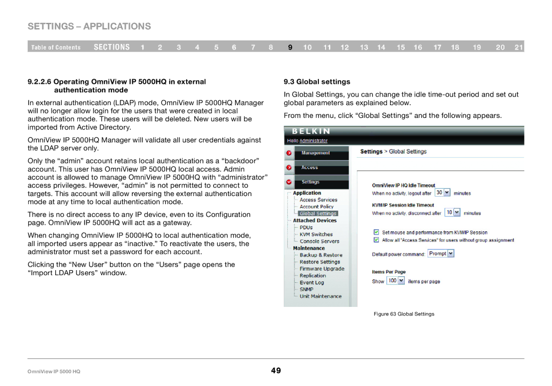 Belkin user manual Operating OmniView IP 5000HQ in external authentication mode, Global settings 