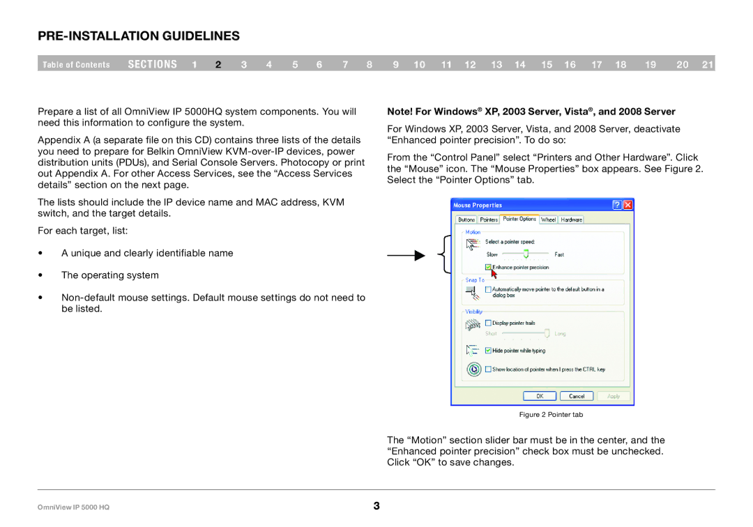 Belkin 5000HQ user manual Pre-Installation Guidelines, Pointer tab 