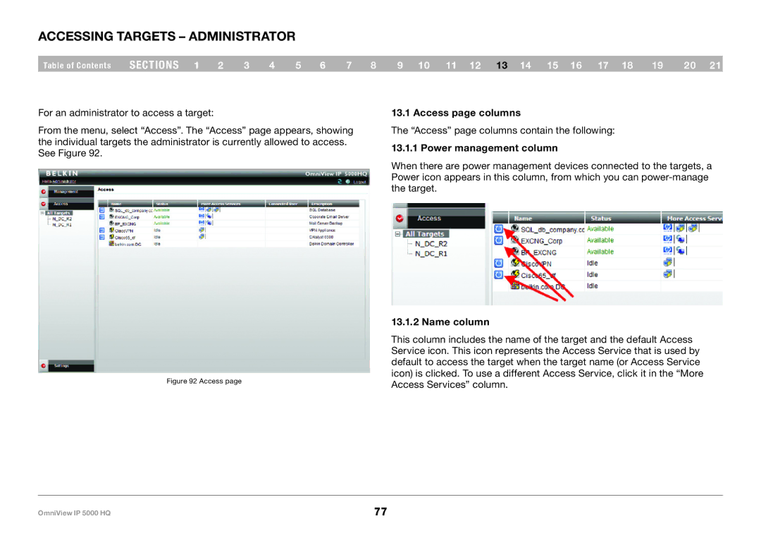 Belkin 5000HQ user manual Accessing Targets Administrator, Access page columns, Power management column, Name column 