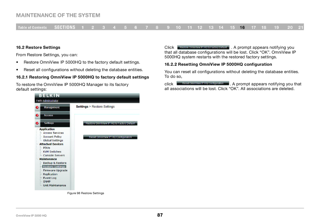 Belkin user manual Restore Settings, Restoring OmniView IP 5000HQ to factory default settings 