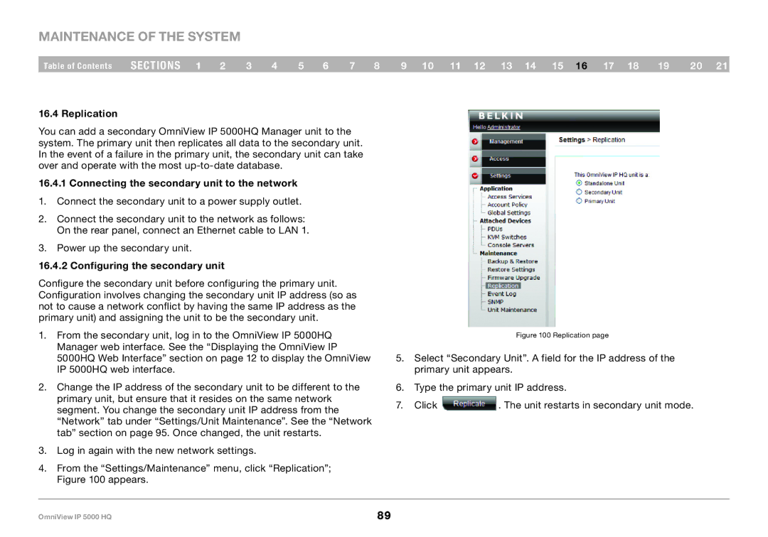 Belkin 5000HQ user manual Replication, Connecting the secondary unit to the network, Configuring the secondary unit 