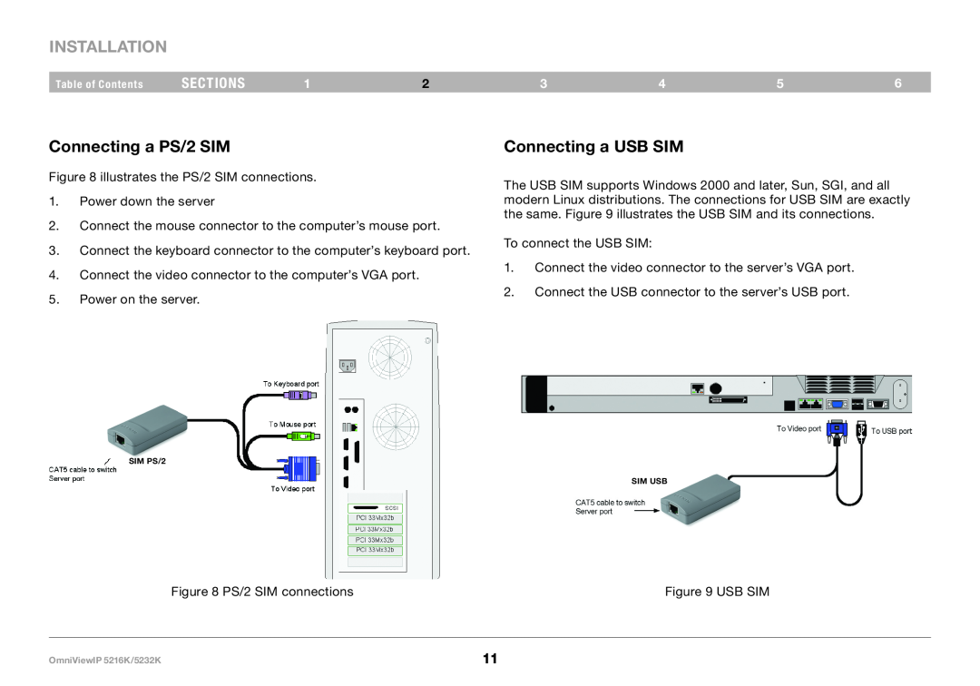 Belkin IP 5232K, 5216K user manual Connecting a PS/2 SIM, Connecting a USB SIM, Installation, sections 