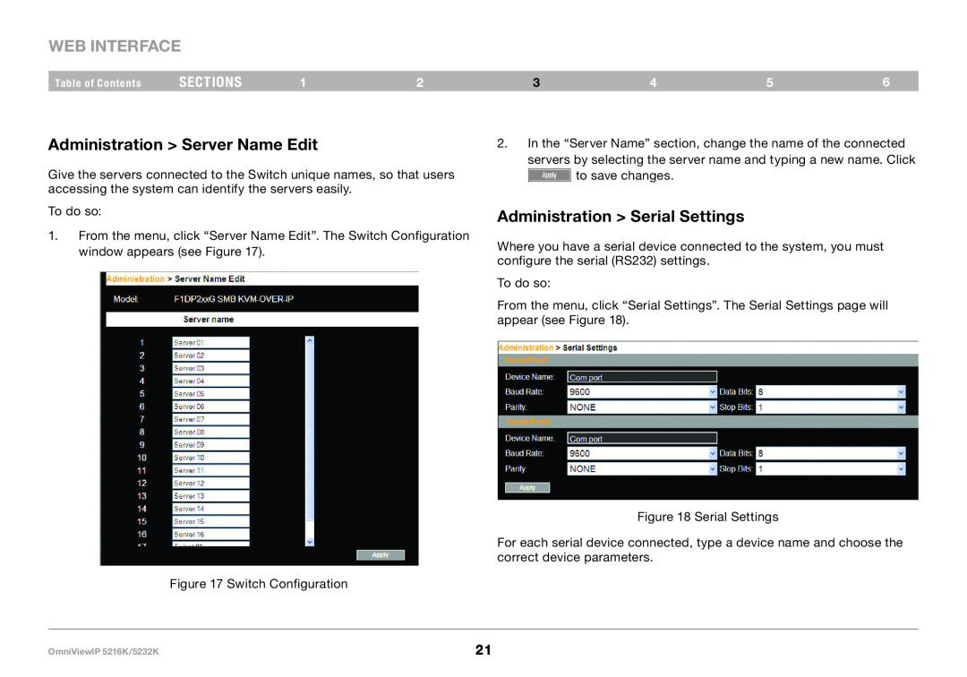 Belkin 5216K, IP 5232K Administration Server Name Edit, Administration Serial Settings, Web Interface, sections 