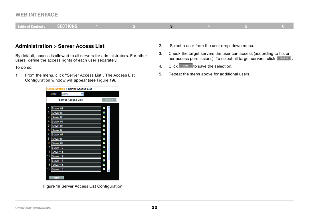 Belkin 5216K, IP 5232K user manual Administration Server Access List, Web Interface, sections 