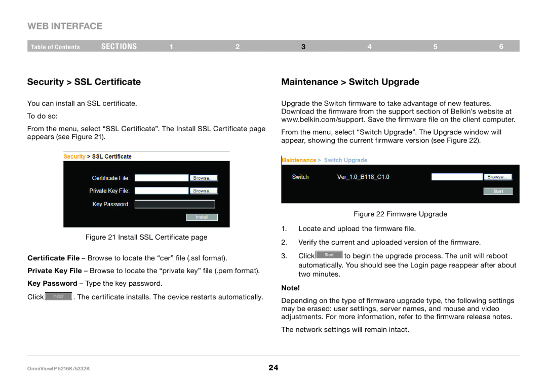 Belkin 5216K, IP 5232K user manual Security SSL Certificate, Maintenance Switch Upgrade, Web Interface, sections 