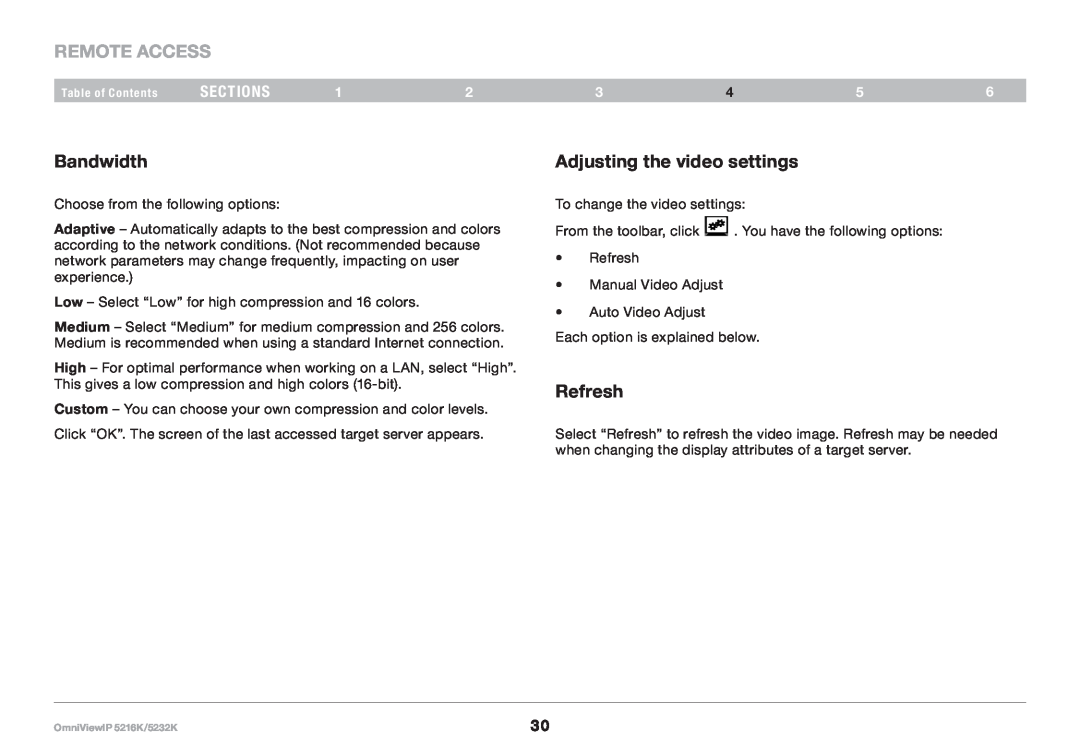 Belkin 5216K, IP 5232K user manual Bandwidth, Adjusting the video settings, Refresh, REmote AcCESS, sections, 3456 