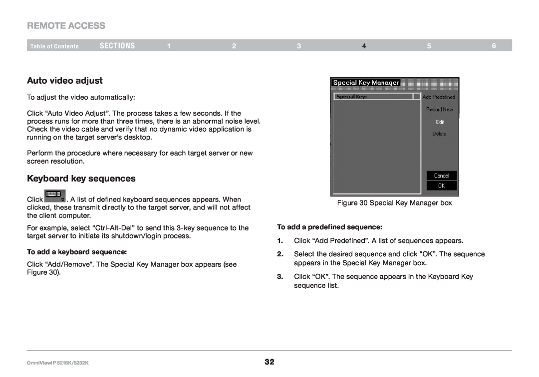 Belkin IP 5232K, 5216K Auto video adjust, Keyboard key sequences, REmote AcCESS, sections, To add a keyboard sequence 