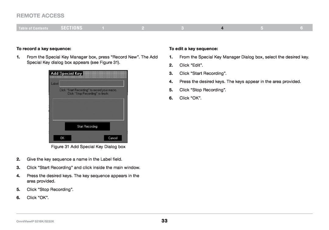 Belkin 5216K, IP 5232K REmote AcCESS, sections, To record a key sequence, To edit a key sequence, Table of Contents 