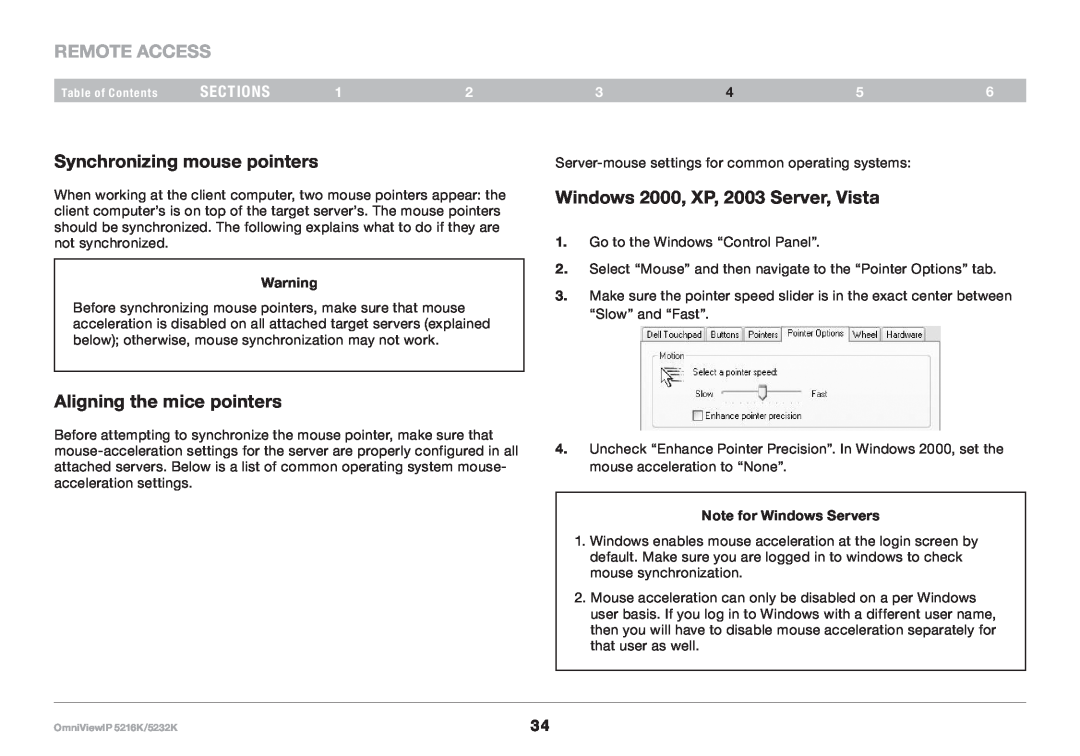 Belkin 5216K Synchronizing mouse pointers, Aligning the mice pointers, Windows 2000, XP, 2003 Server, Vista, REmote AcCESS 