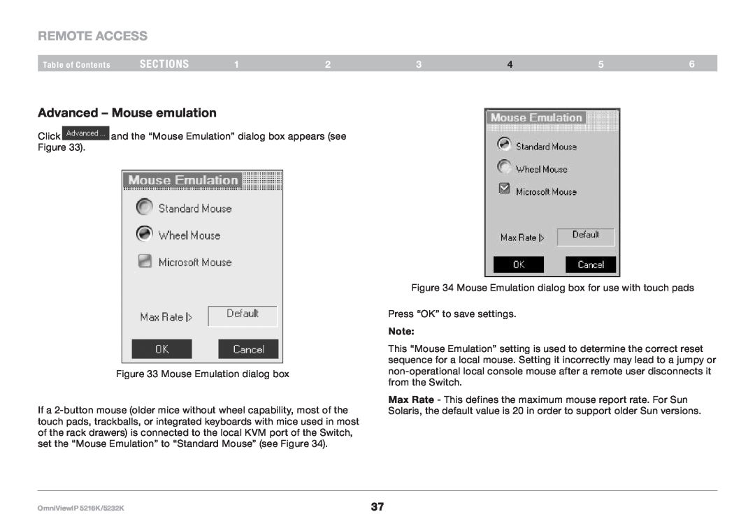 Belkin 5216K, IP 5232K user manual Advanced - Mouse emulation, REmote AcCESS, sections 