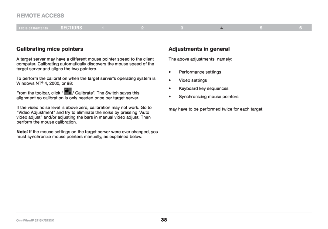 Belkin IP 5232K, 5216K user manual Calibrating mice pointers, Adjustments in general, REmote AcCESS, sections 