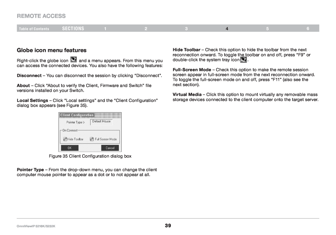 Belkin 5216K, IP 5232K user manual Globe icon menu features, REmote AcCESS, sections 