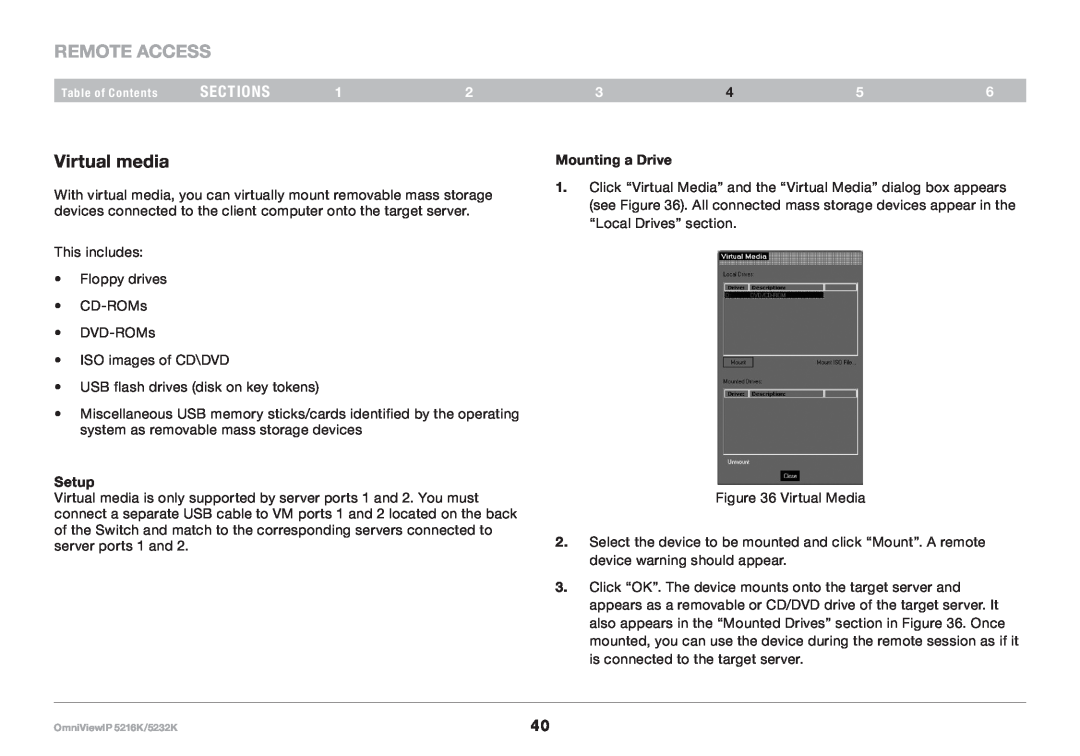Belkin 5216K, IP 5232K user manual Virtual media, REmote AcCESS, sections, Setup, Mounting a Drive 