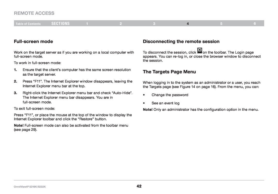 Belkin 5232K, 5216K Full-screen mode, Disconnecting the remote session, The Targets Page Menu, REmote AcCESS, sections 