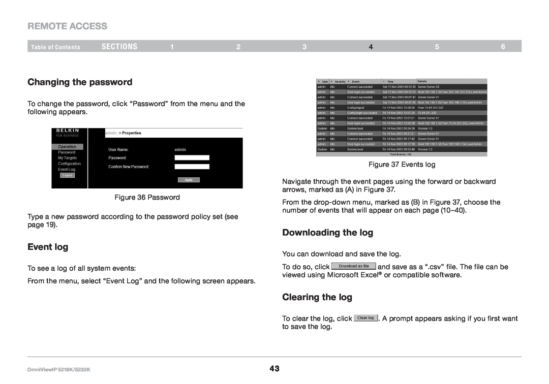 Belkin 5216K, 5232K Changing the password, Event log, Downloading the log, Clearing the log, REmote AcCESS, sections 