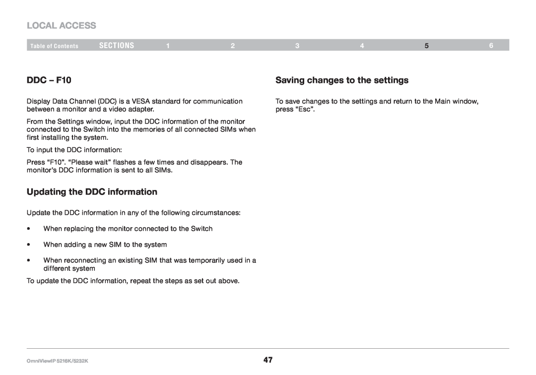 Belkin IP 5232K, 5216K user manual DDC - F10, Saving changes to the settings, Updating the DDC information, Local Access 