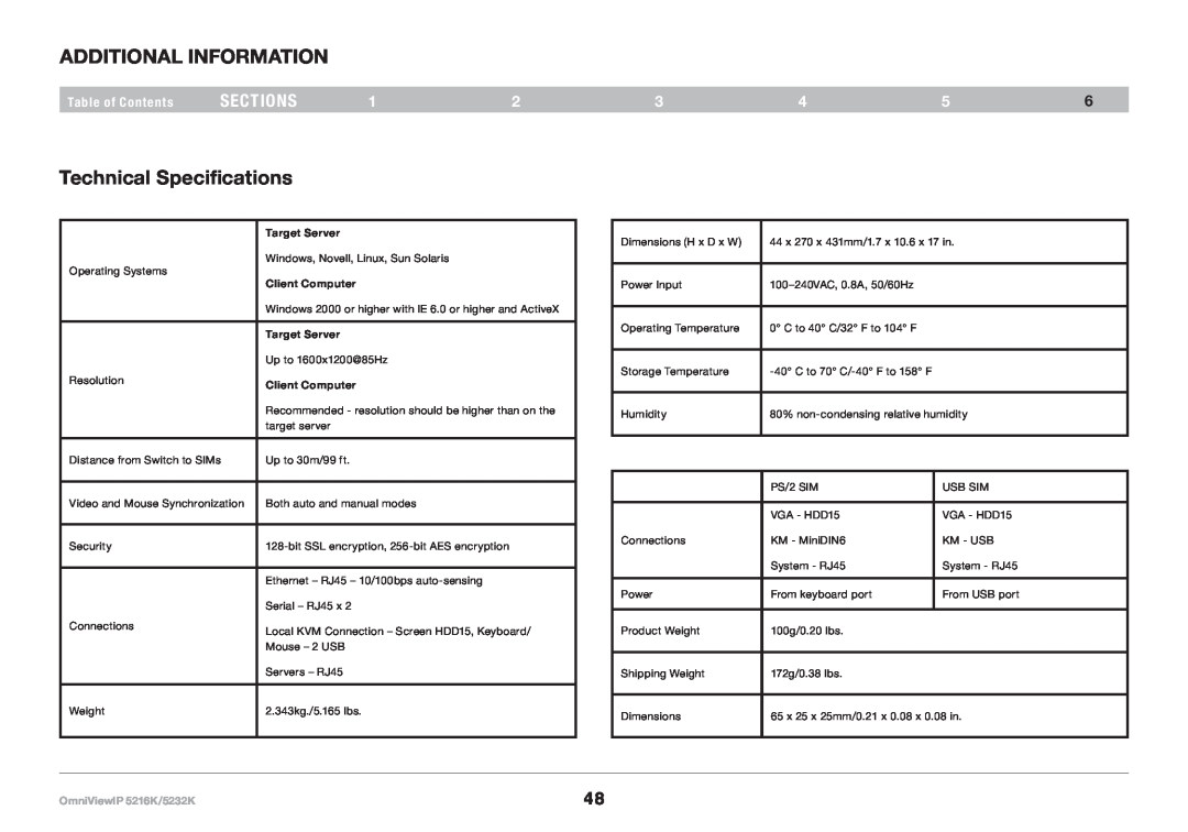 Belkin 5232K Additional information, Technical Specifications, sections, Table of Contents, Target Server, Client Computer 