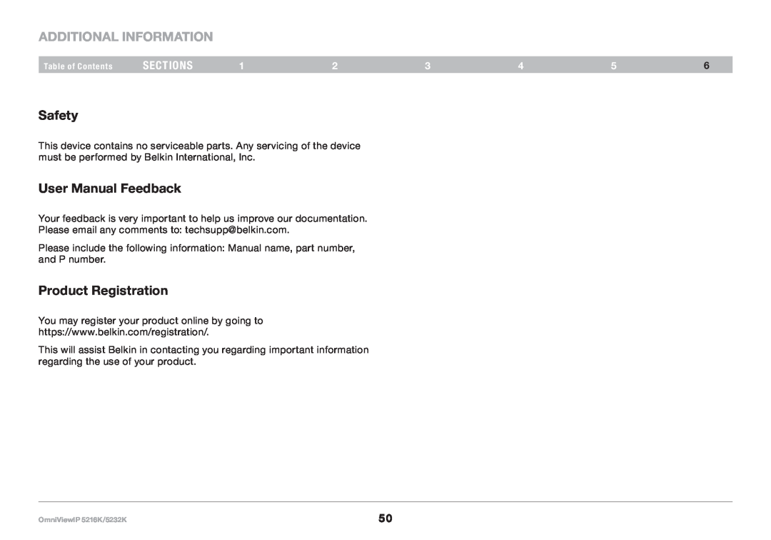 Belkin IP 5232K, 5216K user manual Safety, Product Registration, Additional information, sections 