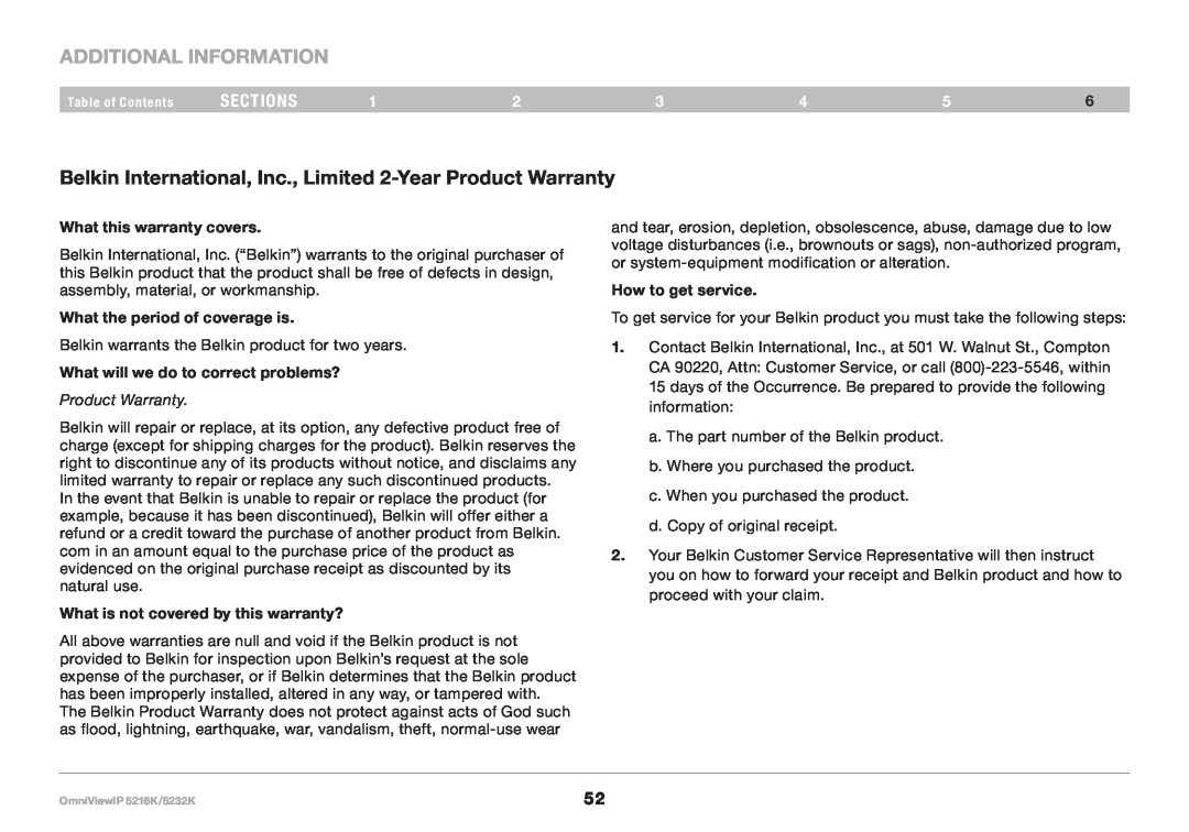 Belkin 5216K, 5232K Belkin International, Inc.., Limited 2-Year Product Warranty, Additional information, sections 