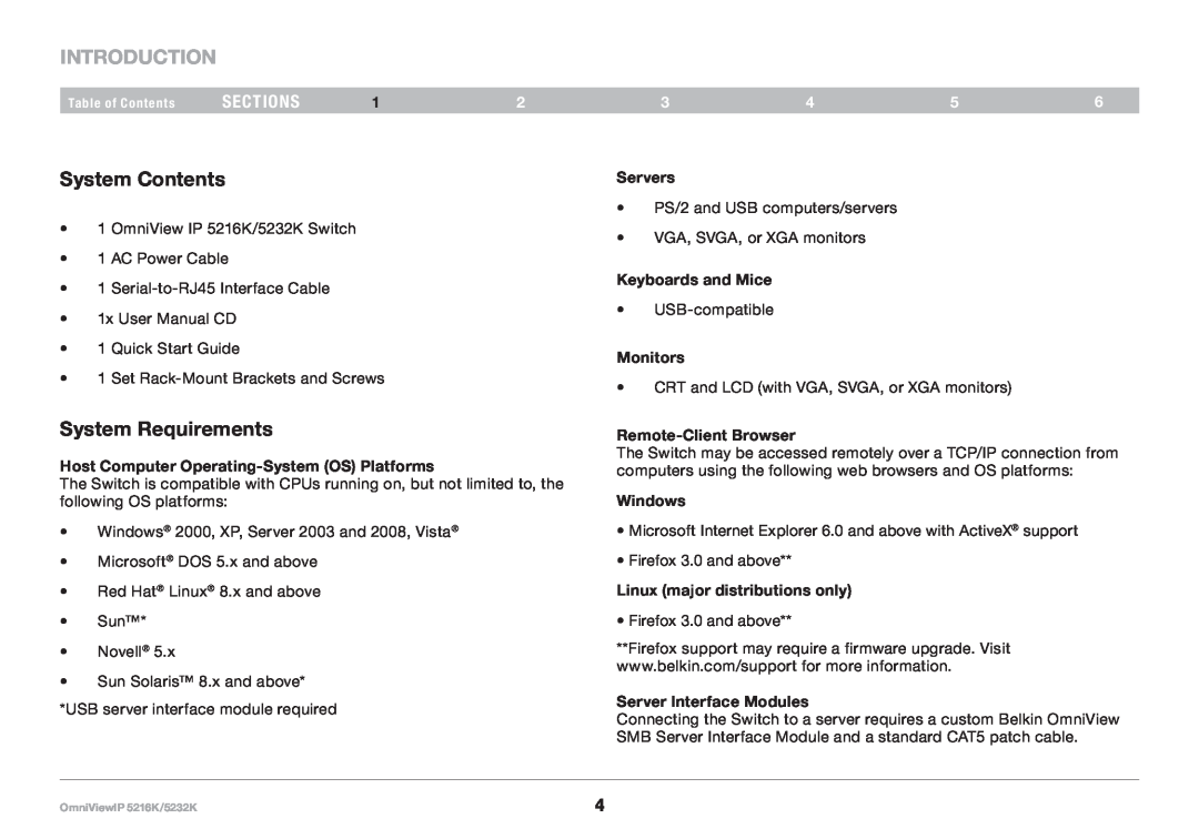 Belkin 5216K System Contents, System Requirements, Introduction, sections, Host Computer Operating-System OS Platforms 