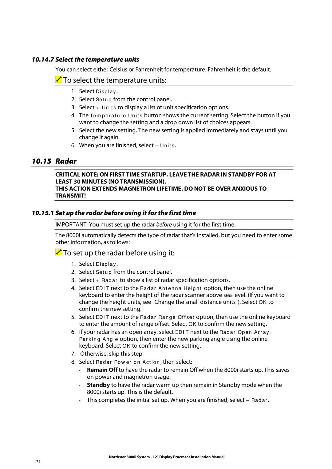 Belkin 8000I To select the temperature units, Radar, To set up the radar before using it, Select the temperature units 