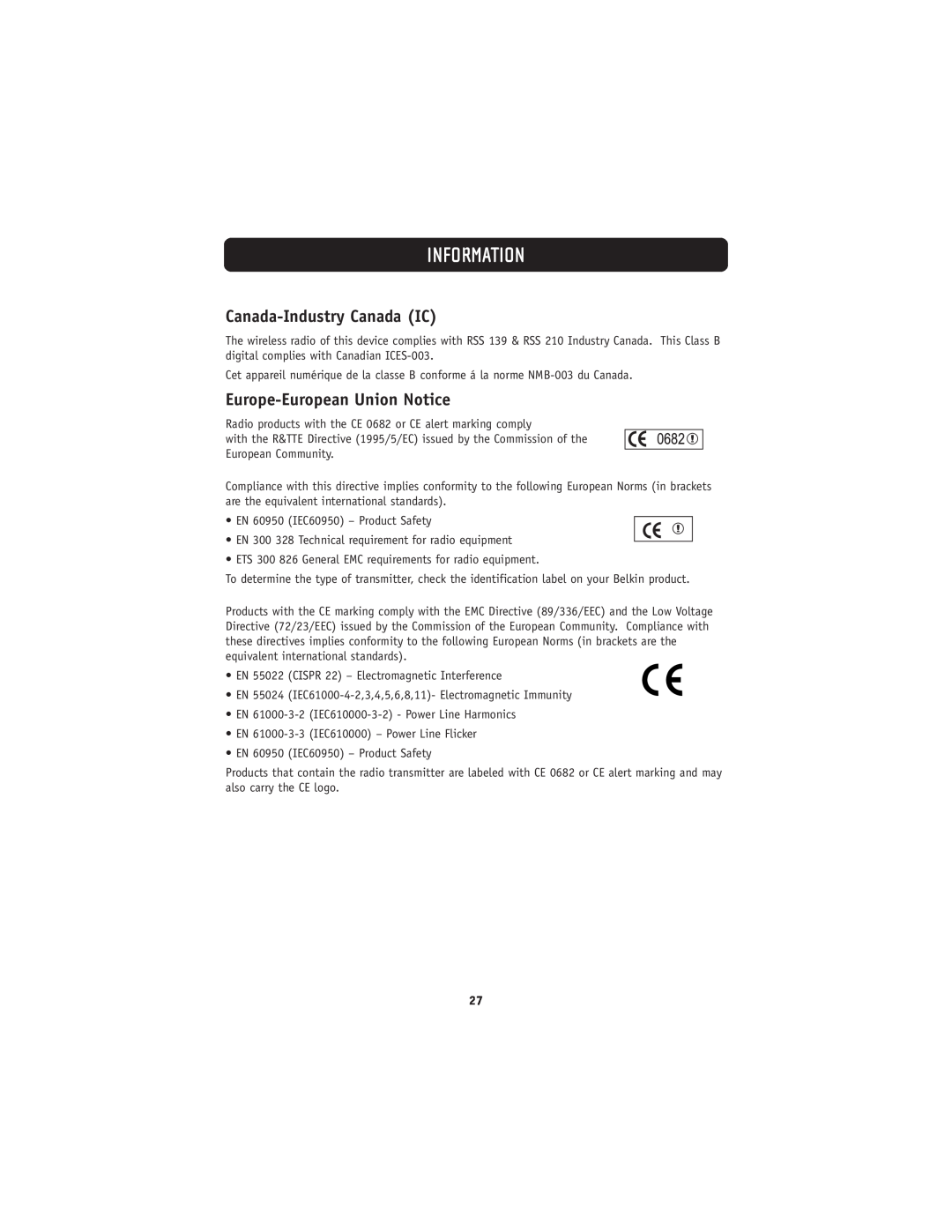 Belkin 802.11g manual Canada-Industry Canada IC, Europe-European Union Notice, Information 