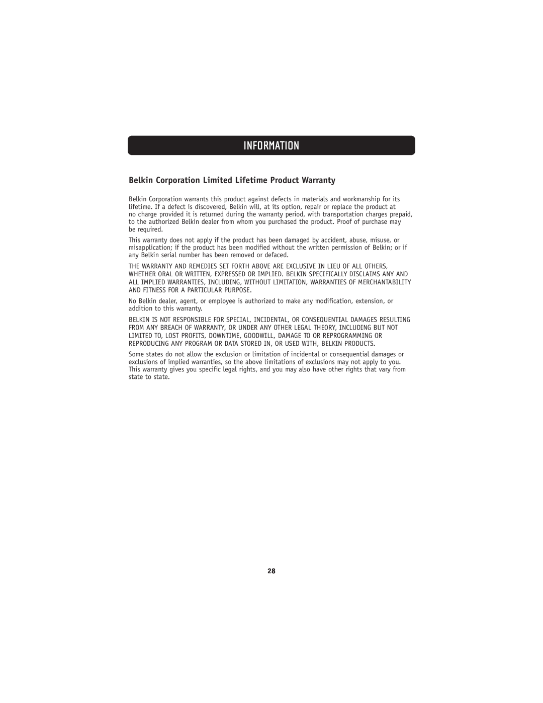 Belkin 802.11g manual Belkin Corporation Limited Lifetime Product Warranty, Information 