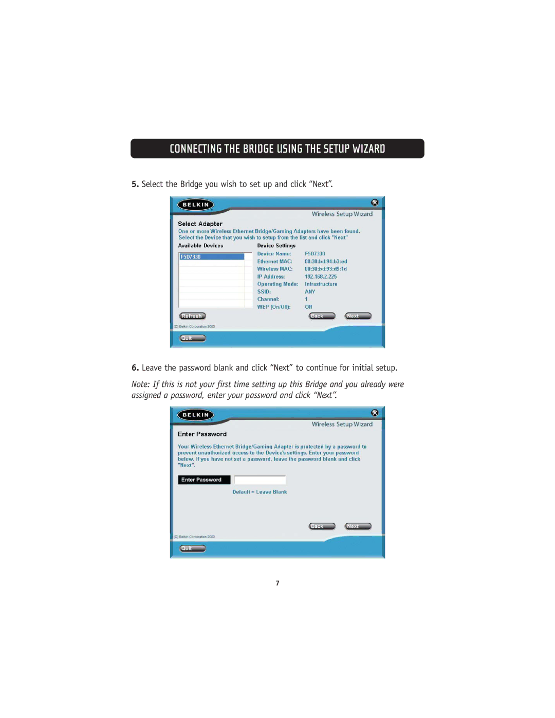 Belkin 802.11g manual Connecting the Bridge Using the Setup Wizard 