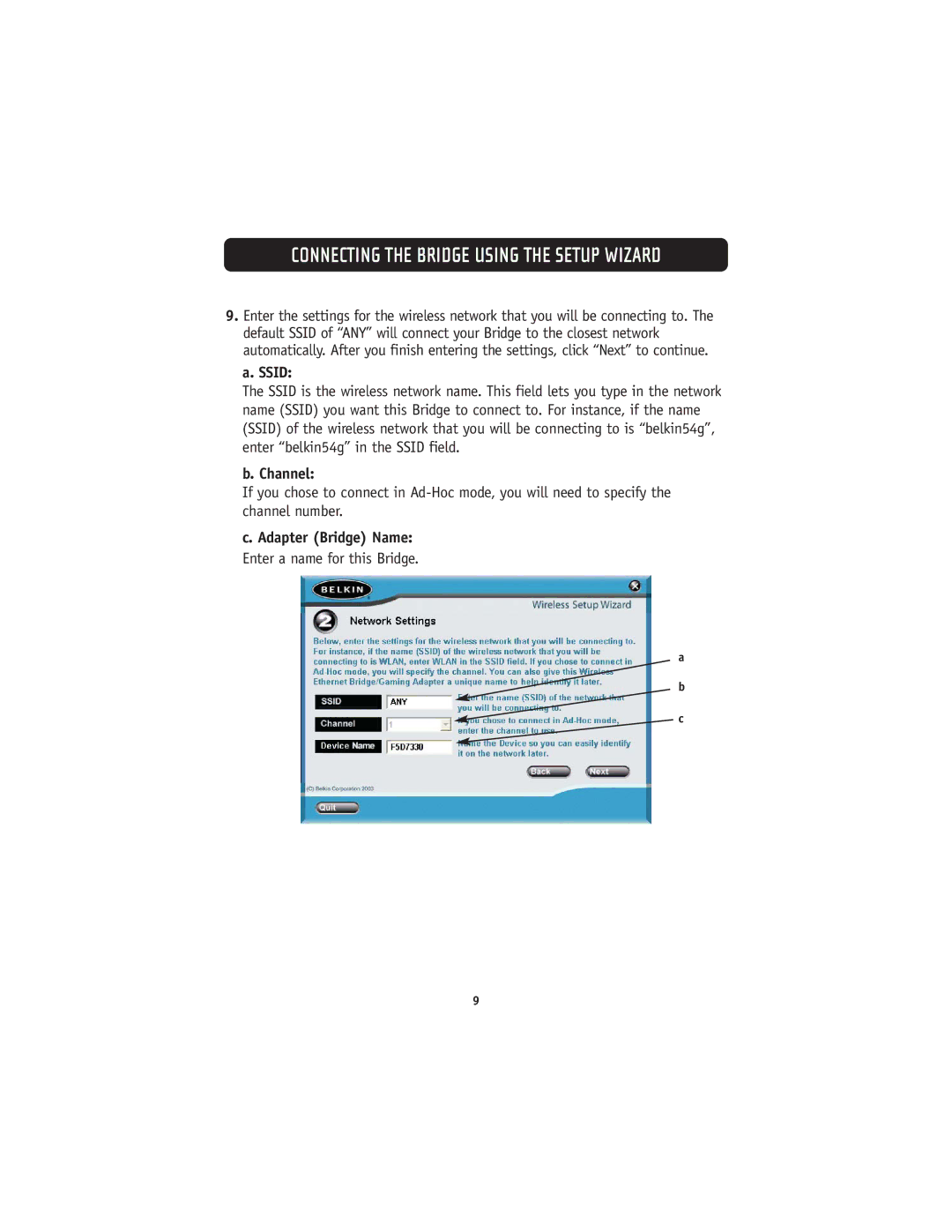 Belkin 802.11g manual Ssid, Channel, Adapter Bridge Name 