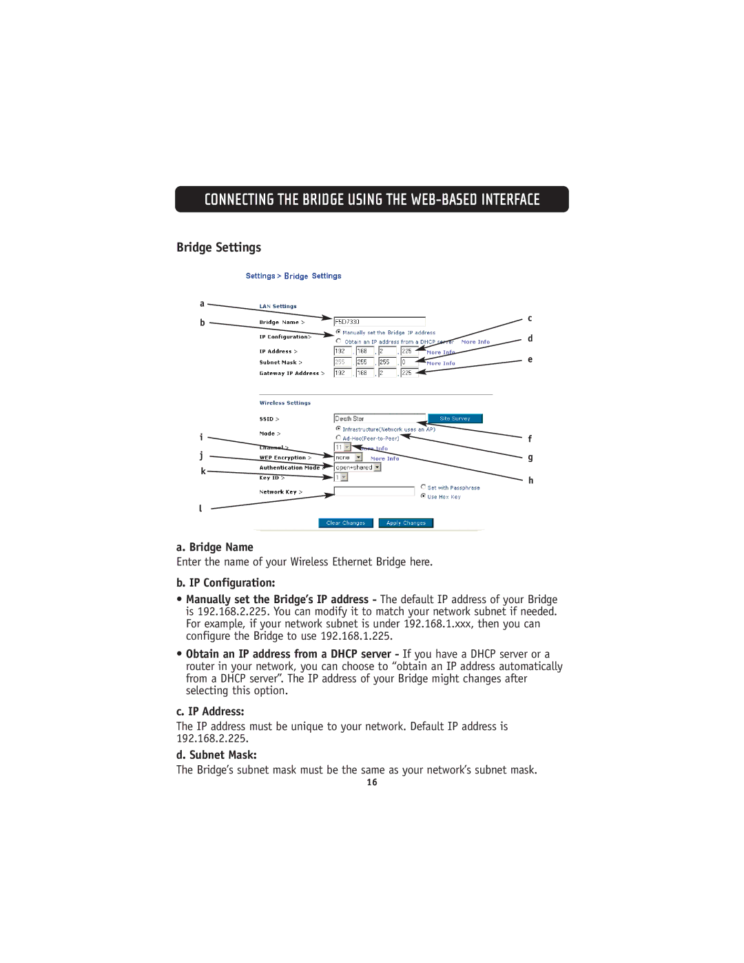 Belkin 802.11g manual Bridge Settings, Bridge Name, IP Configuration 