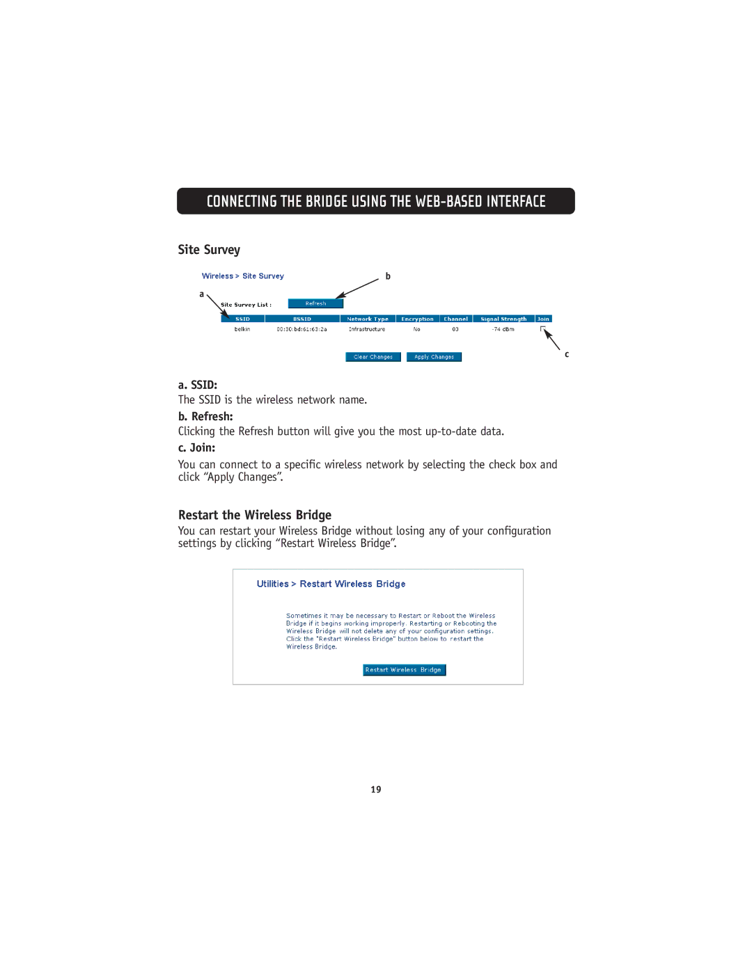 Belkin 802.11g manual Site Survey, Restart the Wireless Bridge, Refresh, Join 