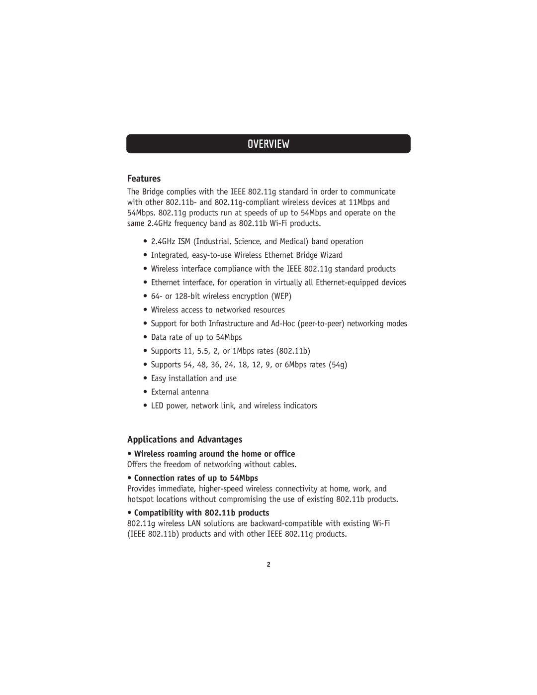 Belkin 802.11g manual Overview, Features, Applications and Advantages, Connection rates of up to 54Mbps 