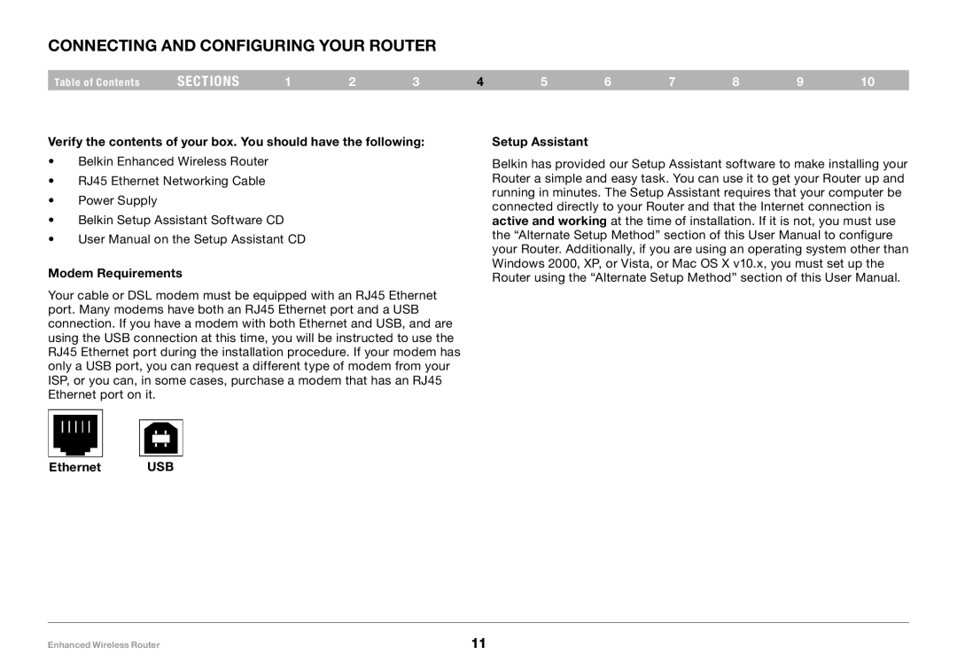 Belkin 8820-00034-A user manual Connecting and Configuring your Router, Modem Requirements, Setup Assistant Ethernet USB 