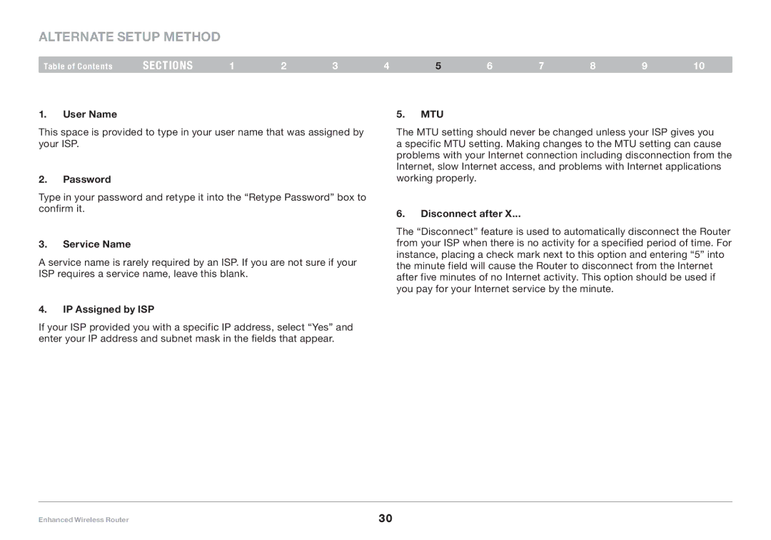 Belkin 8820-00034-A user manual User Name, Password, Service Name, IP Assigned by ISP, Mtu, Disconnect after 