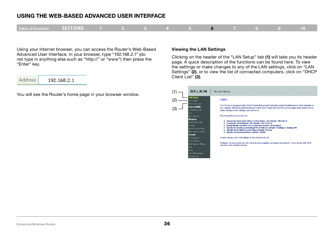 Belkin 8820-00034-A user manual Using the Web-Based Advanced User Interface, Viewing the LAN Settings 