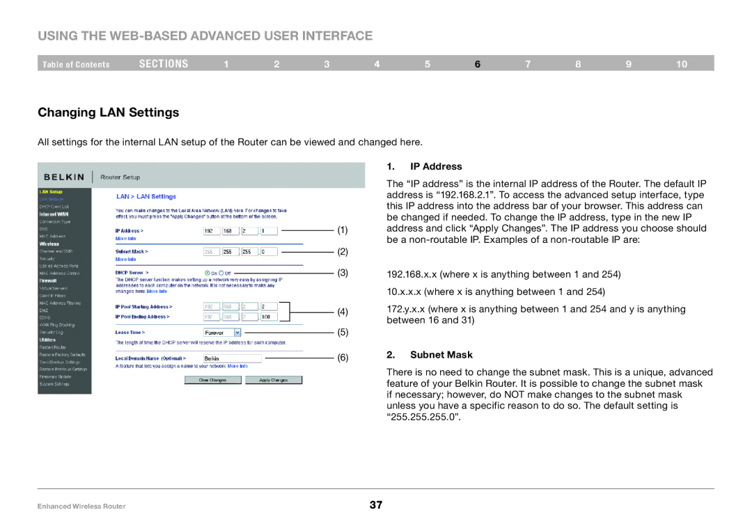 Belkin 8820-00034-A user manual Using the Web-Based Advanced User Interface, Changing LAN Settings 