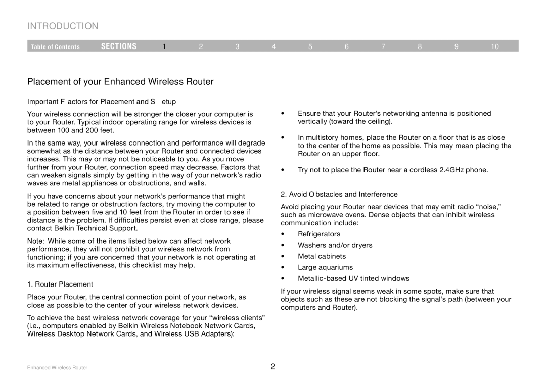 Belkin 8820-00034-A Introduction, Placement of your Enhanced Wireless Router, Important Factors for Placement and Setup 