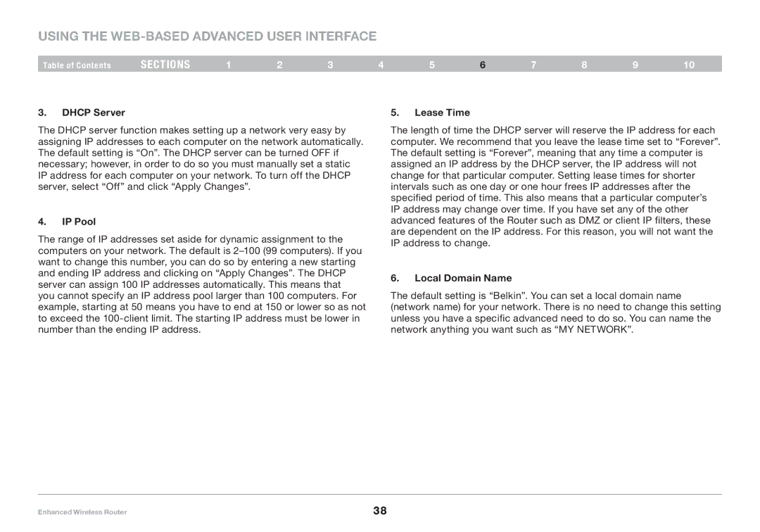 Belkin 8820-00034-A user manual Dhcp Server, IP Pool, Lease Time, Local Domain Name 